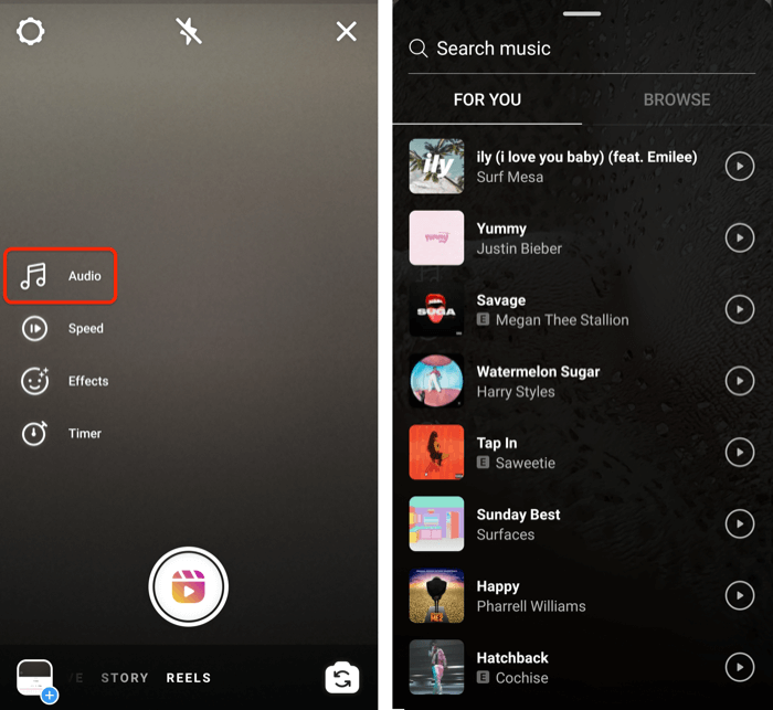 capturas de tela mostrando as opções de áudio dos carretéis do instagram e vários exemplos de músicas disponíveis