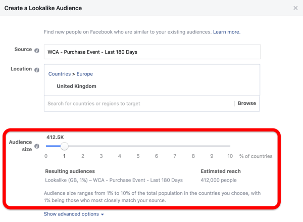 Opção de tamanho de público ao criar seu público semelhante ao Facebook a partir de seu público personalizado.