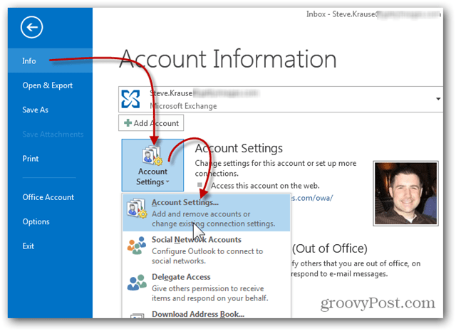 Adicionar Caixa de Correio Outlook 2013 - Clique em Informações, Configurações da Conta.