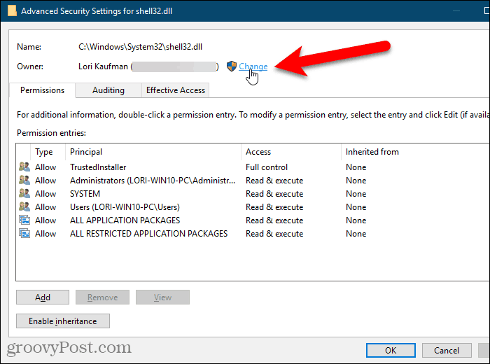 Clique em Alterar para o proprietário na caixa de diálogo Configurações de segurança avançadas no Editor do Registro do Windows
