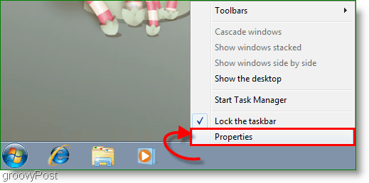 Propriedades do Windows 7 na captura de tela da barra de tarefas