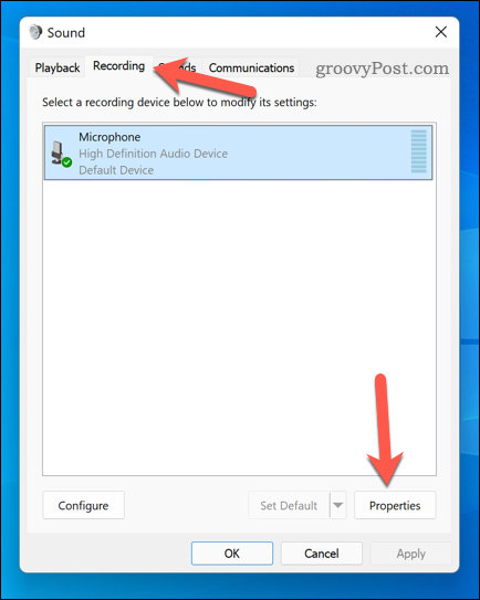 Abrindo o menu de propriedades do microfone no Windows 11