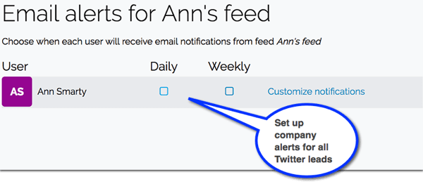 No Leadfeeder, configure notificações por email para novos leads vindos do Twitter.