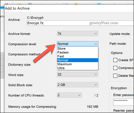 Opções de compactação de arquivo para um arquivo compactado 7zip no Windows 10