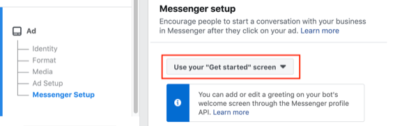 Anúncios do Facebook Click to Messenger, etapa 2.