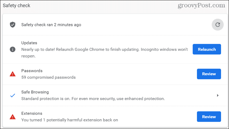 Resultados da verificação de segurança do Chrome