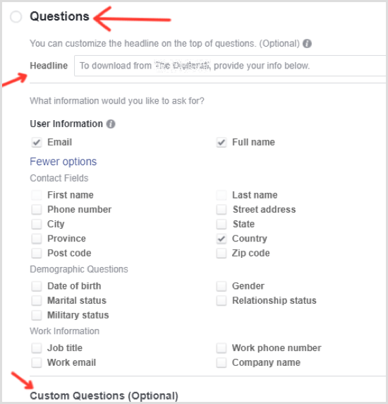 Perguntas selecionadas do anúncio principal do Facebook