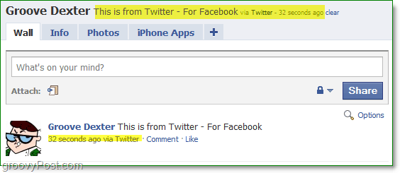 uma olhada no perfil do facebook em que o status foi atualizado usando o twitter