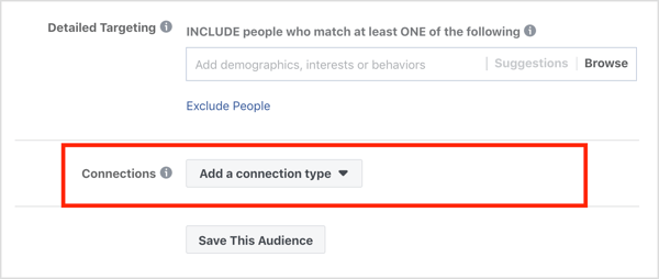 Seção Conexões na seção Audiências da campanha publicitária do Facebook.