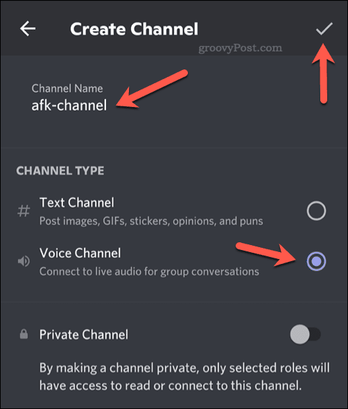 Configurando opções para um novo canal de voz no Discord