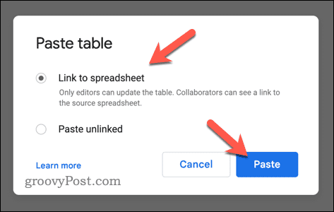 Colando dados do Google Sheets no Google Docs