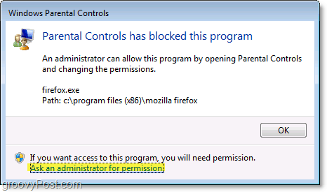 um pop-up será exibido no Windows 7 quando uma política de controle dos pais a estiver bloqueando