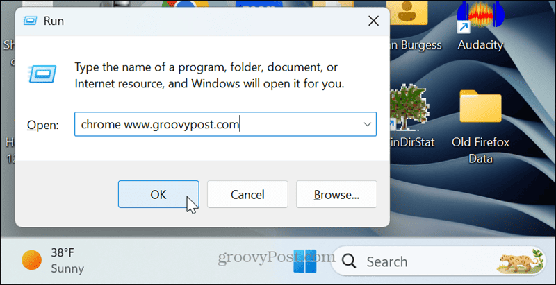 executar caixa de diálogo abrir página específica do Chrome