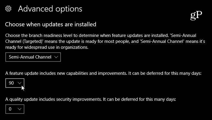 Selecione o atraso da atualização de recursos do Windows 10