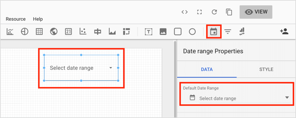 Clique na ferramenta Intervalo de datas na barra de ferramentas e desenhe uma caixa na área do gráfico onde deseja adicionar o controle.