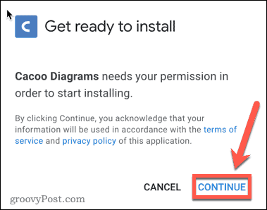 Confirmando a instalação do complemento Google Docs Cacoo