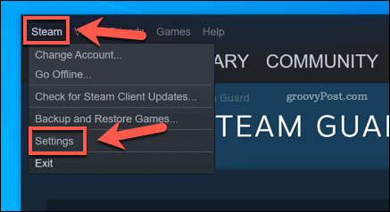 Opção de configurações do Steam no cliente Windows 10