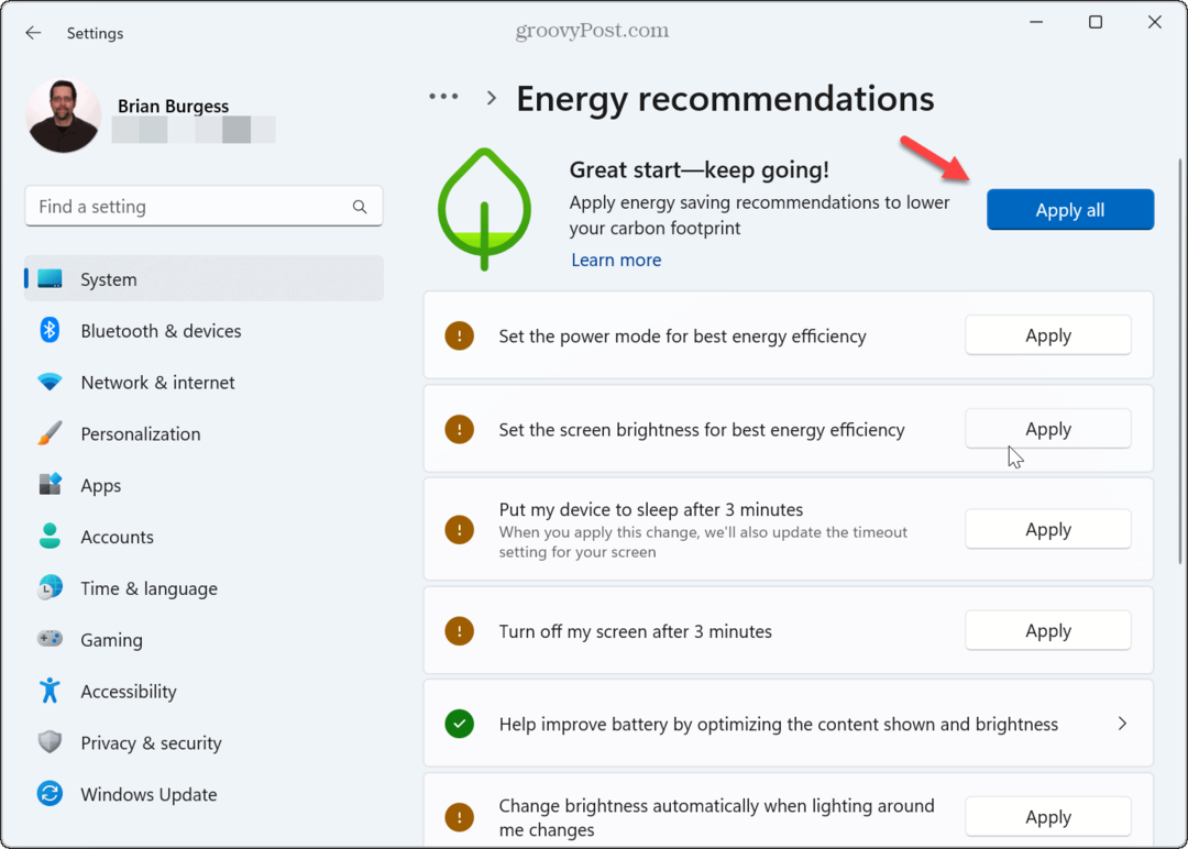 Como aplicar as recomendações de energia no Windows 11