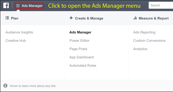 Abra o menu do Gerenciador de anúncios do Facebook após criar sua conta.