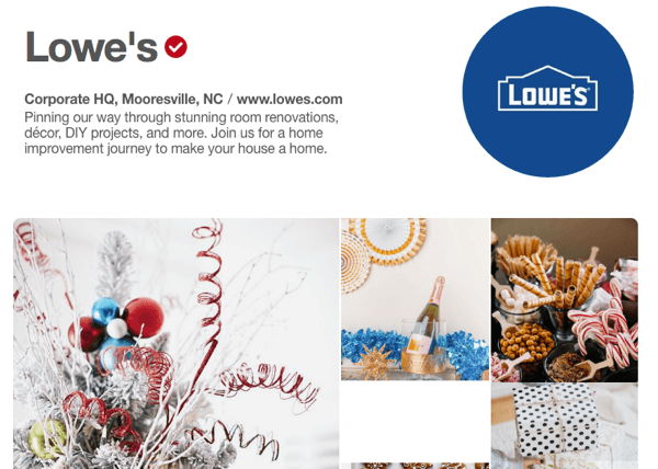 A Lowe's tem uma vitrine exemplar do Pinterest que apresenta material promocional e útil.