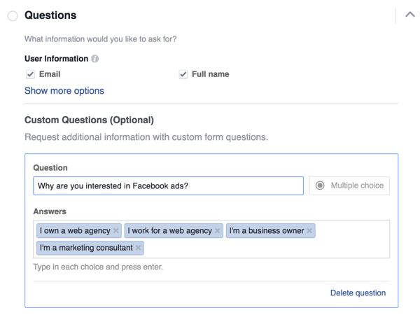 Se você estiver adicionando uma pergunta de múltipla escolha ao seu formulário de lead, digite as opções que os usuários podem escolher.