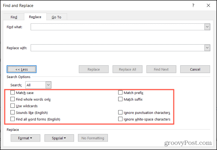 Opções de pesquisa para localizar e substituir