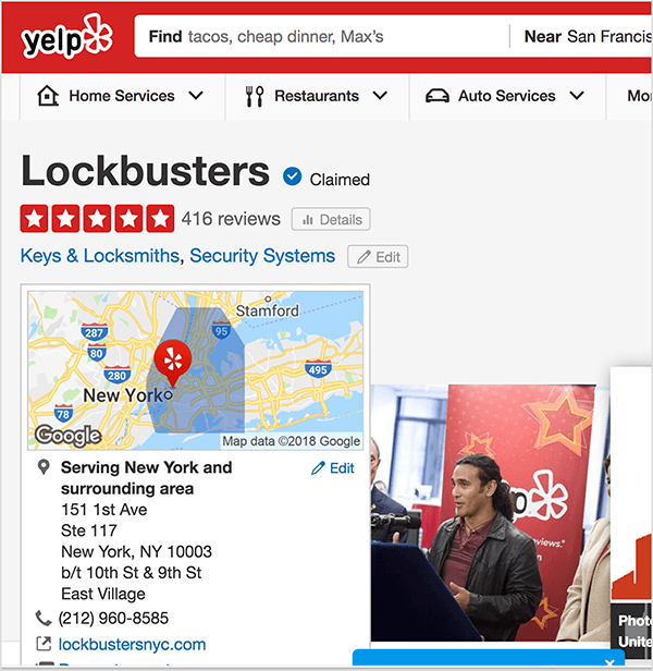 Esta é uma imagem da alta classificação dos Lockbusters no Yelp. Jay Baer diz que a auditoria de segurança gratuita é um exemplo de um gatilho de conversa relevante.