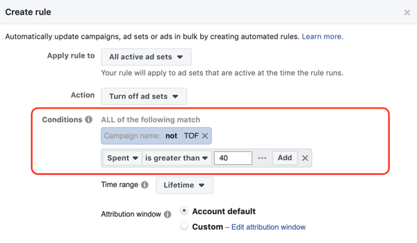 Use as regras automatizadas do Facebook, interrompa o conjunto de anúncios quando o gasto for duas vezes o custo e menos de 1 compra, etapa 2, configurações de condições