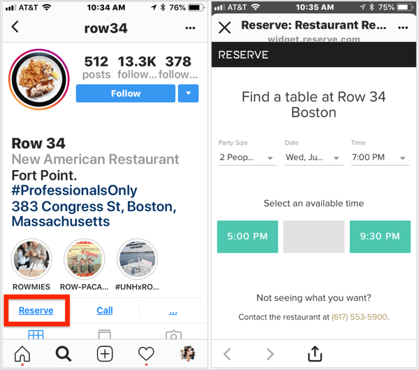 Clique no botão de ação Reservar no perfil comercial do Instagram deste restaurante para fazer uma reserva. 