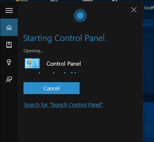 Painel de controle do Windows 10 Cortana Open