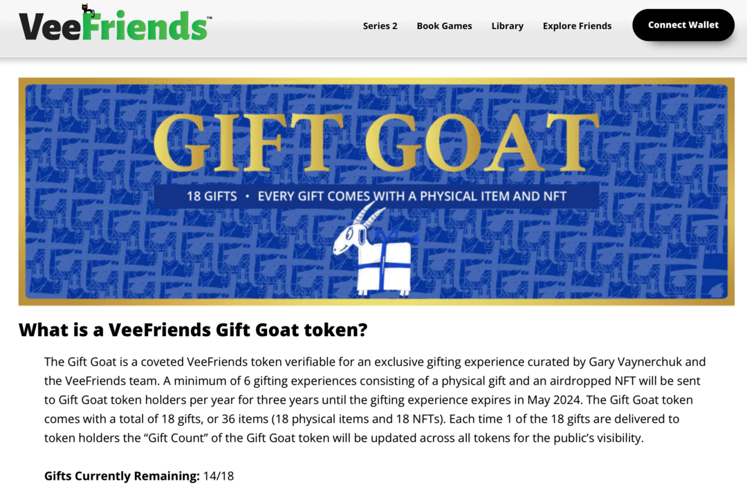 imagem dos benefícios do token VeeFriends Gift Goat no site VeeFriends