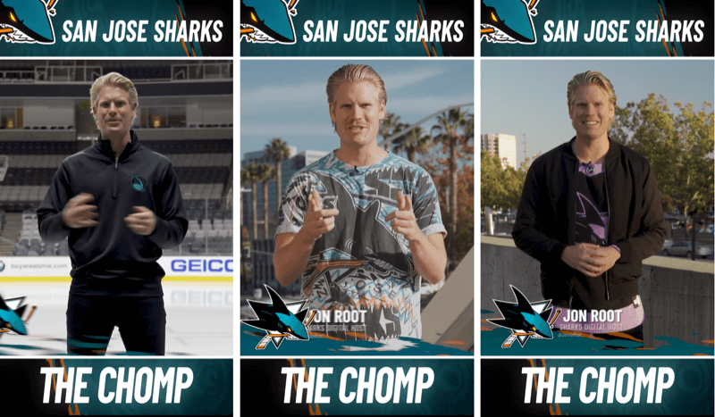 três postagens de histórias no Instagram do segmento The Chomp de San Jose Shark