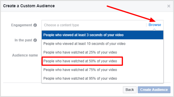 Selecione pessoas que assistiram a pelo menos 50% do seu vídeo.