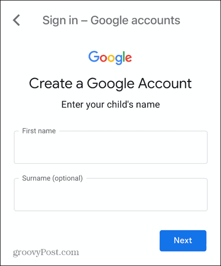 nome da conta infantil do gmail