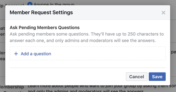 Como melhorar sua comunidade de grupo do Facebook, exemplo de configurações de solicitação de membro de grupo do Facebook permitindo perguntas de novos membros