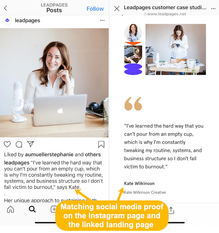 correspondência de histórias de clientes no feed do Instagram e na página de destino vinculada