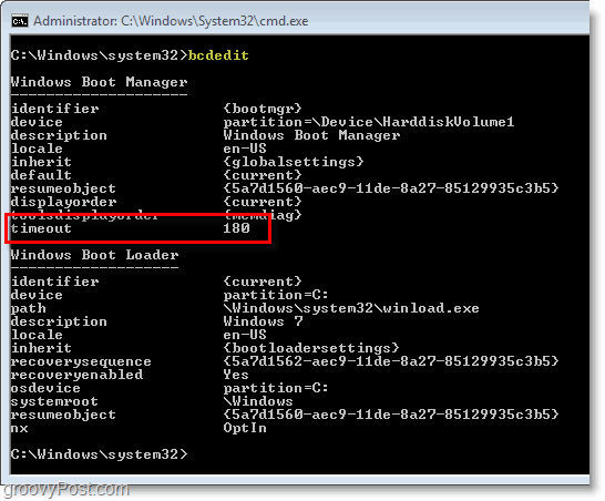 Captura de tela do Windows 7 - verificando suas configurações de bcdedit
