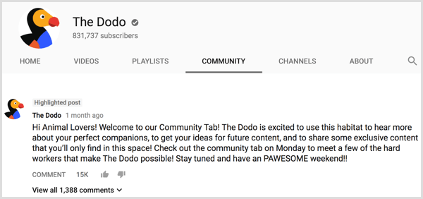 Postagem de introdução da guia Comunidade do canal do YouTube