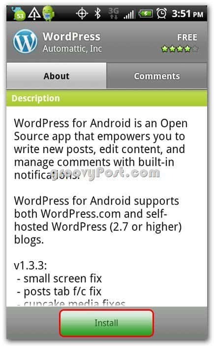 Wordpress na tela de instalação do Android