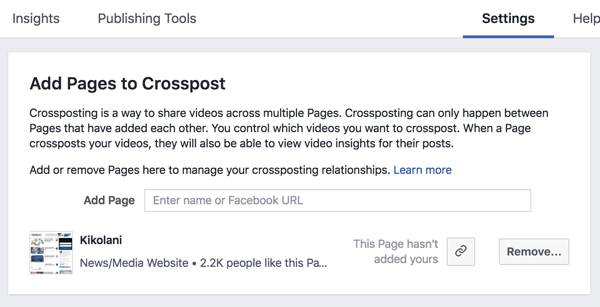 Configure uma relação de postagem cruzada entre duas páginas do Facebook.