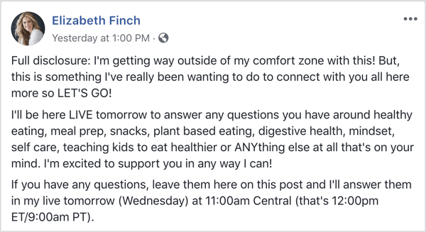 Postagem no Facebook com detalhes sobre a AMA e pedindo perguntas aos seguidores.