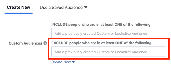 Segmentação de anúncios do Facebook, excluindo públicos personalizados.