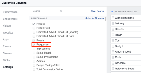 facebook ad manager personalizar colunas para adicionar frequência