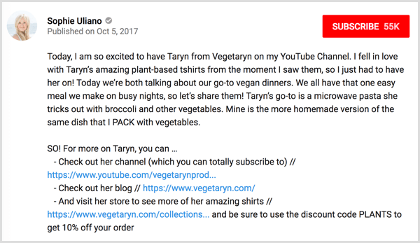 Informações do parceiro de colaboração do YouTube na descrição