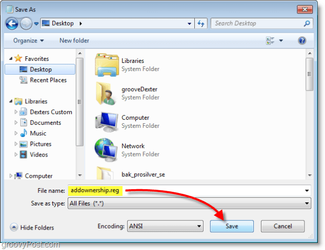 Captura de tela do Windows 7 - salvar como addownership.reg