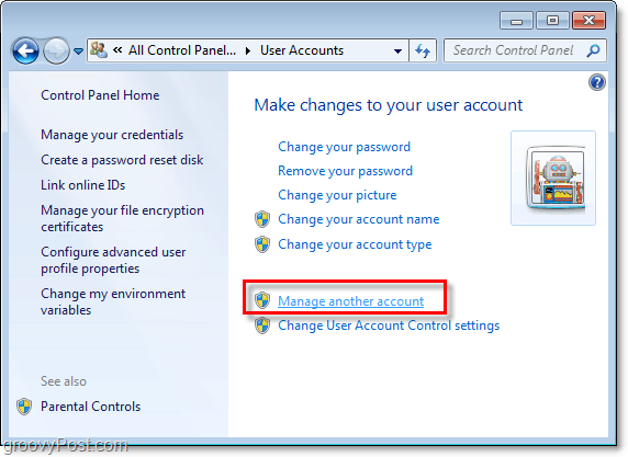 clique em gerenciar outra conta na sua página de conta de usuário do Windows 7