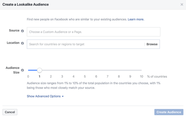 Opção de criar um público-alvo igual a 1% para seus anúncios no Facebook.