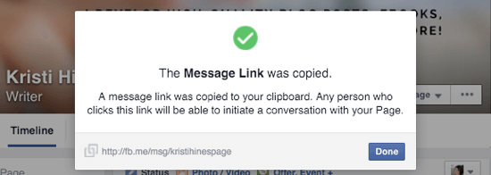 link de mensagem do facebook copiado