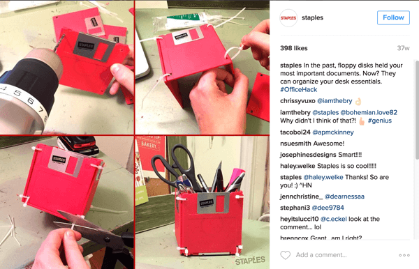Esta colagem de fotos do Instagram da Staples mostra uma maneira inteligente de transformar disquetes em um acessório de mesa.