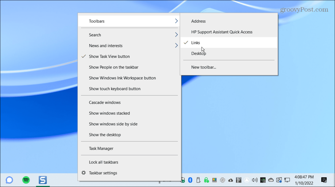 Links de barras de ferramentas centralizam a barra de tarefas do Windows 10